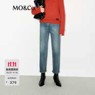 MO&Co.牛仔褲中高腰洗水磨白貓須棉質(zhì)九分錐形小直筒利落摩安珂 牛仔藍(lán)色 XXS 24