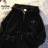 啄木鳥(niǎo)（TUCANO）美式復古簡(jiǎn)約個(gè)性開(kāi)衫連帽衛衣男秋冬oversize休閑寬松外套上衣男 黑色 L 【100---125斤】