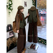 小紅書(shū)爆款秋季ootd搭配一整套大碼胖mm針織衫馬甲闊腿褲休閑覆古 三件套裝 M(建議80-100斤) 均碼