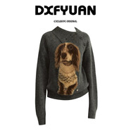 自語(yǔ)（ZIYU）織敘韓系復古小狗提花翻領(lǐng)針織衫毛衣女秋冬款寬松慵懶風(fēng)外穿上衣 織敘 雅致灰 不規則領(lǐng)口 S  建議85-100斤左右