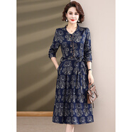 中老年女裝2025春秋季新款連衣裙時(shí)尚40媽媽裝打底長(cháng)裙子50歲洋氣 藏青色 3XL 【建議135-150斤】