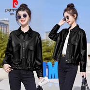 皮爾卡丹（pierre cardin）皮衣外套女春秋裝短款綿羊皮小個(gè)子2025年新款軟皮寬松皮夾克針織 黑色 M (建議90-105斤 高品質(zhì))