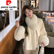 皮爾卡丹（pierre cardin）斗篷羊毛呢子短外套2025秋冬狐貍毛領(lǐng)雙面羊絨大衣女時(shí)尚氣質(zhì) 奶白色(含毛領(lǐng)) S