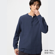 優(yōu)衣庫男裝女裝情侶華夫格亨利領(lǐng)套頭衫長袖T恤25秋冬新款479784 65 寶藍(lán)色 3XL