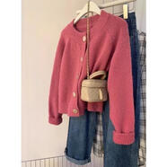 俞兆林（YUZHAOLIN）時(shí)尚減齡針織開衫毛衣女2025秋冬新款韓系短款軟糯洋氣針織毛衣女 梅子粉色 S 建議80-95斤