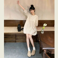 文藝復古圓領(lǐng)小個(gè)子連衣裙女夏季韓版娃娃裙七分袖寬松顯瘦短裙 杏色 L L