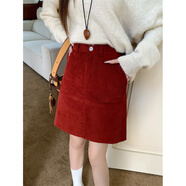紅色燈芯絨高腰A字半身裙大碼遮胯小個(gè)子短裙秋冬高腰包臂中裙女 紅色 S