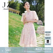 玖姿·安娜蔻幾何印花短袖連衣裙女裝夏休閑歐根紗拼色裙子 花粉紅 2XL