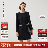 朗姿【尖貨補單】法式氣質(zhì)名媛小香風(fēng)長袖高腰通勤女冬季新款連衣裙女 黑色 2XL