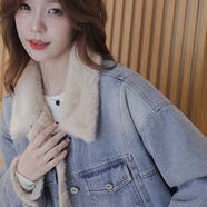 AEMAPE牛仔外套女2025年冬季加絨毛毛外套女加厚韓系小個(gè)子顯瘦保暖上衣 牛仔藍 M 100-112斤