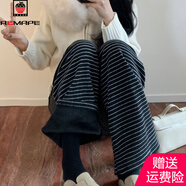 AEMAPE慵懶復(fù)古條紋加絨休閑直筒褲女2025秋冬新款高腰寬松保暖直筒褲女 黑色   加絨 M