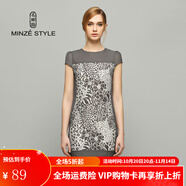 名師路品牌女裝印花雪紡連衣裙夏季歐美淑女短袖寬松腰泡泡袖中裙 4S52402淺灰色83 M