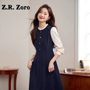 Z.R.Zoro奢侈品連衣裙女2025秋冬新款復(fù)古長(zhǎng)袖假兩件法式赫本小香風(fēng)連衣裙 深邃外空藍(lán) M