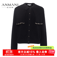 恩曼琳（ANMANI）24秋季新款系帶領(lǐng)100%綿羊毛針織開衫毛衣EANECA04 黑色 M