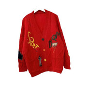 秋冬新款韓版針織寬松重工彩色刺繡時(shí)尚V領(lǐng)中長(cháng)款毛衣女外套 紅色 S