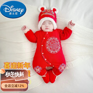 迪士尼（Disney）新生嬰兒紅色過年喜慶衣服秋冬款連體衣冬季新款冬裝滿月宴拜年服 厚棉偏襟連體衣包腳+帽子 59cm (XS) 6-12斤左右