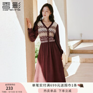 香影紅色波西米亞連衣裙女2025秋季新款v領(lǐng)花邊復(fù)古針織拼接裙子 紅色 S 155/80A/85-95斤