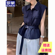 羅蒙品牌法式氣質(zhì)Polo領(lǐng)無(wú)袖襯衫女 2025新款夏季感收腰系帶設(shè)計(jì) 藏青色（帶腰帶） XL 建議120-135斤