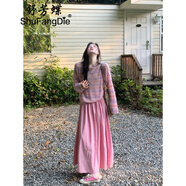 舒芳蝶（shufangdie）連衣裙女裝2025秋冬季新款溫柔彩條針織衫粉色大擺a字半身裙套裝 兩件套 S