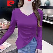 皮爾卡丹（pierre cardin）純.棉秋季修身打底衫2025新款純色v領(lǐng)不規則內搭洋氣長(cháng)袖t恤上衣 紫色今年流行的輕奢品牌 2XL 建議131-145