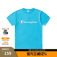 Champion夏季經(jīng)典款印花草寫(xiě)LOGO圓領(lǐng)休閑運動(dòng)T恤無(wú)性別冠軍短袖男女情侶 湖藍色 M