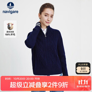 Navigare意大利小帆船女士全羊毛通勤毛衣半開領針織衫2334044501 藍 L 