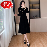 浪莎（LangSha）赫本風(fēng)法式感加絨連衣裙秋冬收腰顯瘦禮服小黑裙 黑色 S 【80-95斤】