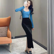 花花公子（PLAYBOY）歐洲站金絲絨半身裙女秋冬包臀裙子高腰開(kāi)叉中長(cháng)裙修身顯瘦一步裙 黑色 S 90斤內