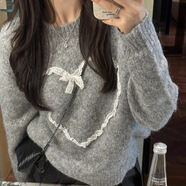 梨喃韓國蕾絲愛(ài)心甜美套頭針織上衣長(cháng)袖加厚毛衣女 灰色 均碼