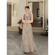 良良家荷葉邊系帶格紋雪紡背心連衣裙女夏季新款收腰顯瘦長(cháng)裙子 圖片色 S S