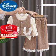 迪士尼（Disney）女寶寶秋裝套裝洋氣兒童衣服童裝一歲女童冬裝小香風(fēng)馬甲三件套 卡其色花邊雙口袋三件套 100 建議90-100cm1歲半-2歲碼(8