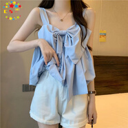 CS.LION法式甜美蝴蝶結寬松小吊帶背心女內搭夏季小眾設計感外穿短款上衣 天藍色 M 95-110斤
