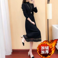 Radinka2024秋冬新款中長款針織蕾絲連衣裙網(wǎng)紗半高領(lǐng)顯瘦打底長裙LTM 蕾絲拼接黑色加絨 M 建議90-105斤