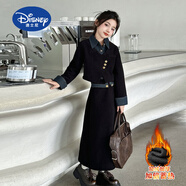 迪士尼（Disney）女童連衣裙春秋2025新款兒童裙子洋氣女大童半身裙兩件套 黑色 假兩件上衣+半身裙 加絨 150 cm