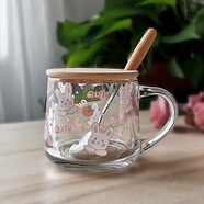 語森憶ins玻璃杯吸管牛奶早餐杯甜品杯刻度杯子加蓋勺可愛印花禮物 350m可愛小兔款+竹蓋+木柄勺 301-400m