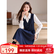 熙世界（sllsky）廳里廳氣假兩件長袖連衣裙女2025春季教資面試收腰襯衫裙子 寶藍(lán)色 L