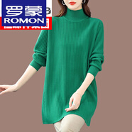 羅蒙（ROMON）高檔高領(lǐng)打底衫女秋冬大碼中長(zhǎng)款毛衣內(nèi)搭羊 絨遮肚針織羊毛衫 草綠 M 建議96-110斤