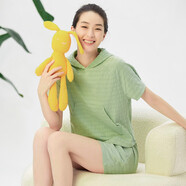 銅牛棉混紡橫紋皺布連帽女居家上裝 夏休閑短袖衫 綠色 M (165/90)