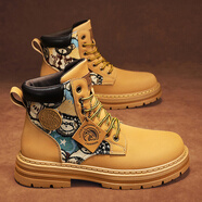 馬丁靴男鞋秋季高幫運動(dòng)增高復古英倫美式傘兵靴踢不爛工裝大黃靴 黃色 39  標準運動(dòng)碼