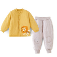 棉大班（MIANDABAN）寶寶夾棉保暖內衣套裝嬰兒秋冬三層薄棉加厚棉衣棉褲男女童冬裝新 黃色+灰色 90 CM