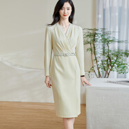 米思陽(yáng)（missshine）2025春季新款氣質(zhì)感收腰連衣裙v領(lǐng)褶皺修身一步裙0517 鵝黃色現貨直發(fā) S