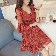 CS.LION大碼女裝雪紡連衣裙夏季2025年韓版小清新碎花裙仙沙灘短裙喇叭袖 紅色 S 80-95斤