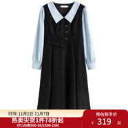 獨束大碼女裝假兩件撞色襯衫領(lǐng)連衣裙女秋冬微胖mm文藝復(fù)古穿搭裙子 墨染黑【適合160左右】 L