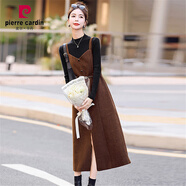 皮爾卡丹（pierre cardin）毛呢背帶連衣裙女兩件裝女2025春秋新款氣質(zhì)修身顯瘦加厚打底長裙 咖色+黑毛衣 M 建議105斤以內(nèi)