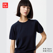 優(yōu)衣庫女裝精紡美利奴羊毛圓領(lǐng)針織衫/短袖通勤25秋冬新款478335 69 藏青色 XL