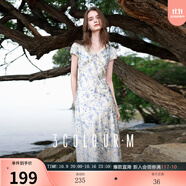三彩2025夏季新款碎花連衣裙緞面提花斜裁A字裙蕾絲長(zhǎng)裙M 霧霾藍(lán)花卉 L 165/88A