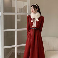 洋派系帶毛領(lǐng)紅色毛呢裙女秋冬大尺碼胖妹妹新款時(shí)尚氣質(zhì)顯瘦洋裝 紅色送皮帶+毛領(lǐng)版今年流行 L