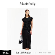 Marisfrolg【新能量黑裙】瑪絲菲爾夏光耀黑三醋纖抽褶開衩連衣裙女 光耀黑 M