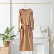 美利奴羊毛連衣裙長(cháng)袖2025秋冬新款女裝歐美風(fēng)純色修身針織羊毛裙 駝色 M