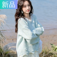 妃奧絨甜美蕾絲拼接蝴蝶結(jié)藍(lán)色毛衣2025秋冬新款韓版軟糯外穿針織衫上衣  奶藍(lán)色 S